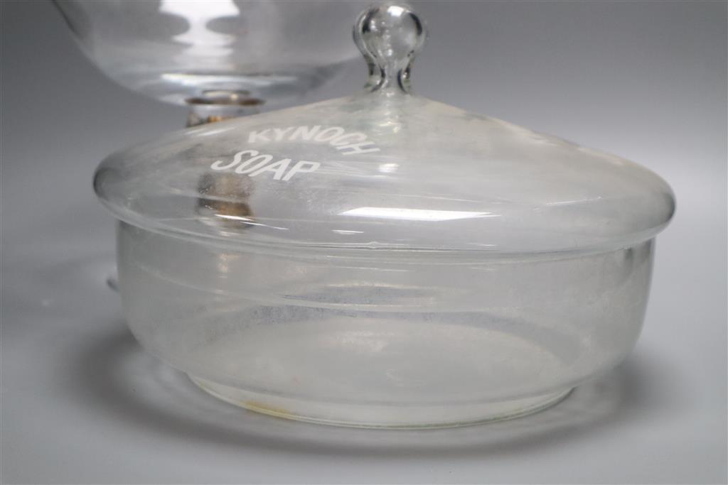 An advertising sign Kynoch Soap lidded bowl and a glass pedestal bowl, largest diameter 30cm